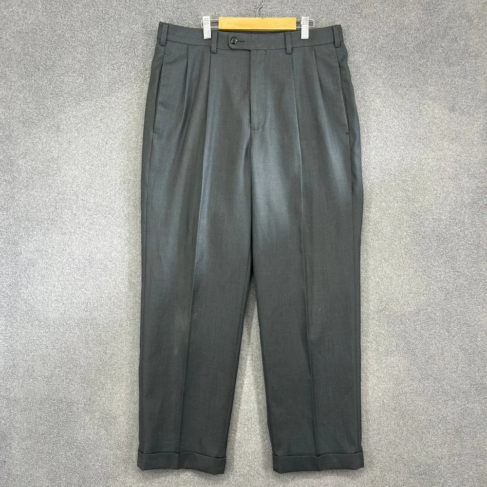 Perry Ellis Portfolio Men's Grey Pleated Dress Pants Size 33x30 Polyester Rayon